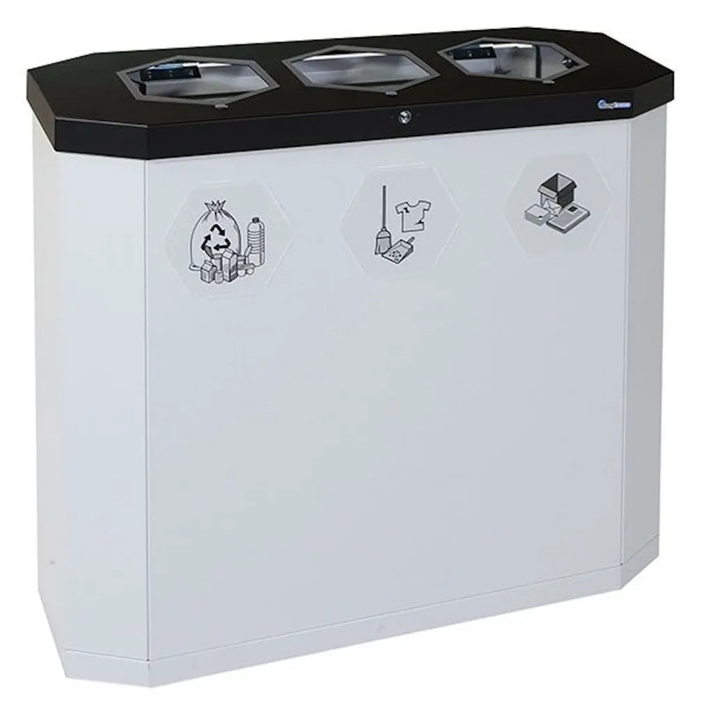 Abfallsammler mit Edelstahl-Einwurfklappe & Touchless-Öffnungsautomatik | 3x45 Liter, HxBxT 83x95x35,5cm | inkl. Ladegerät | Lichtgrau